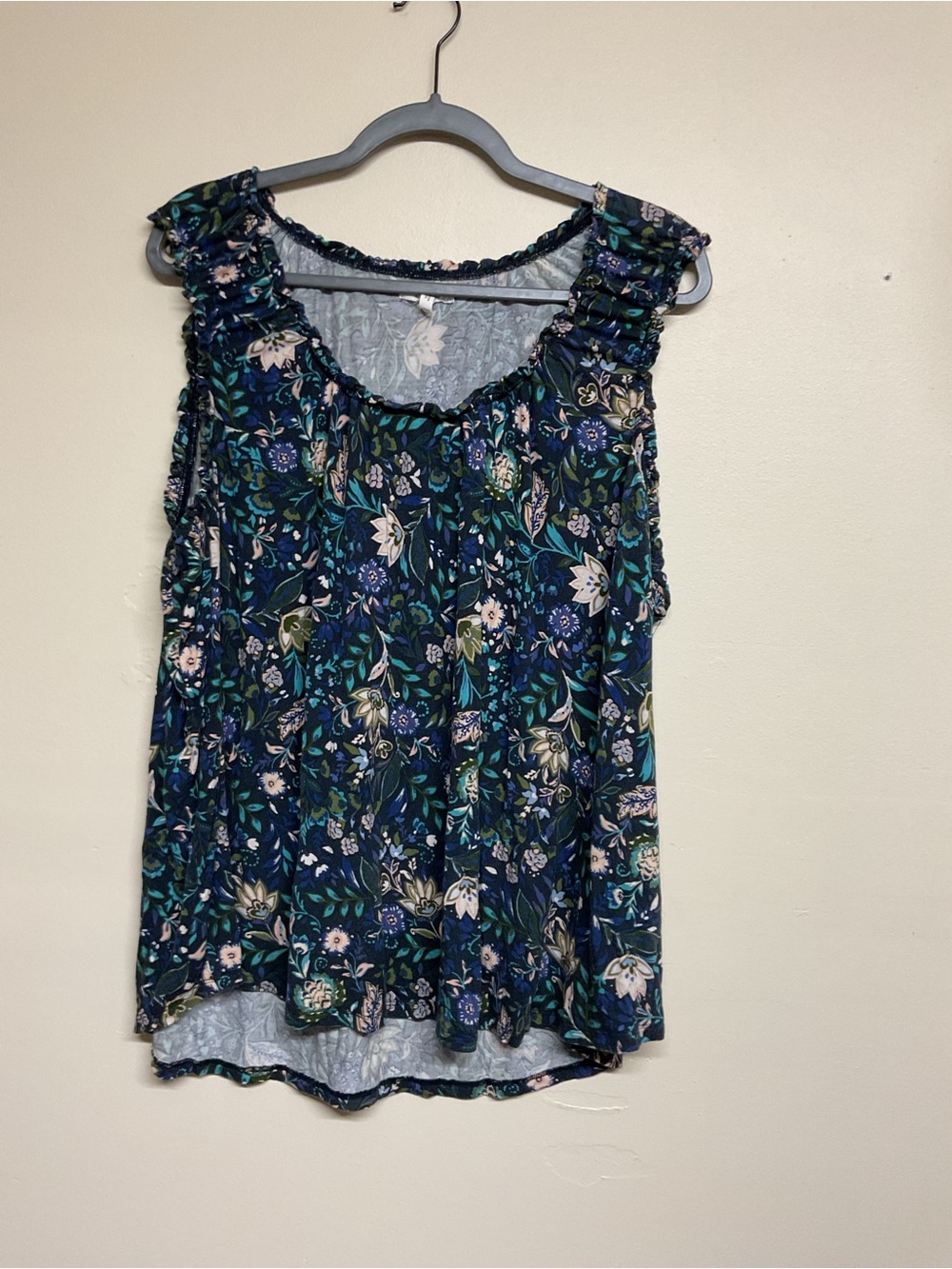 Maurices Navy Floral Ruffle Shoulder Tank